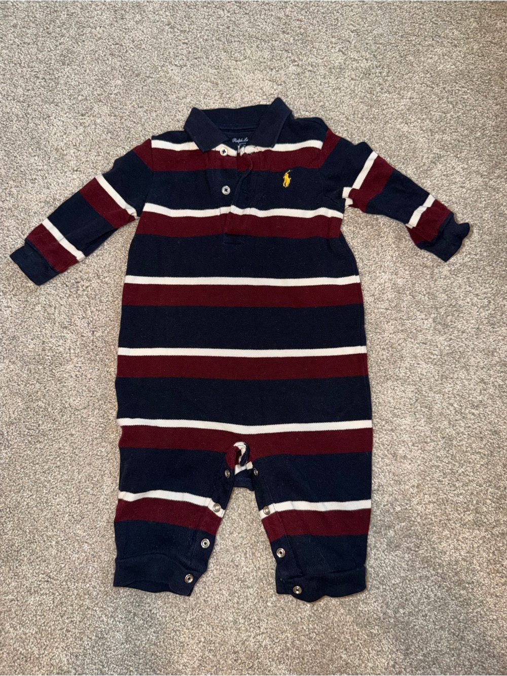 Polo Ralph Lauren Navy & Burgundy Striped Polo Baby One-Piece 6M
